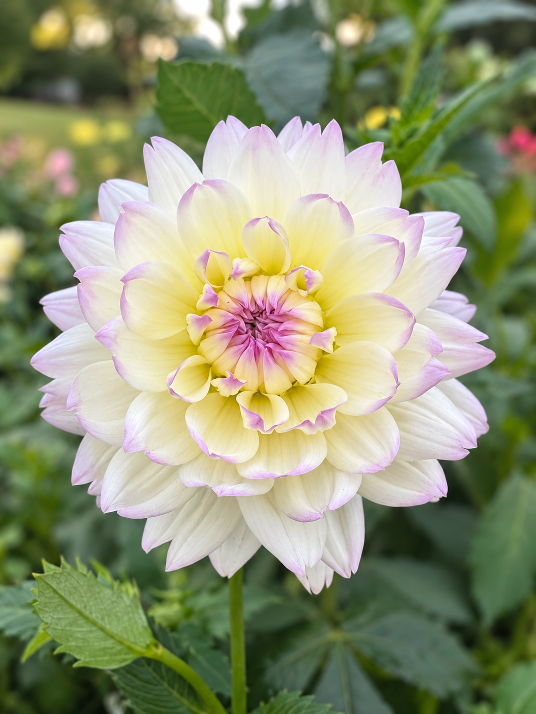 Henk’s Ballerina dahlia bloom with creamy white petals and lilac-pink tips