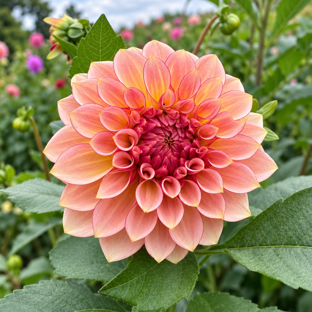 RM® Warmth pink and yellow dahlia grown at Peep & Petal Flower Farm