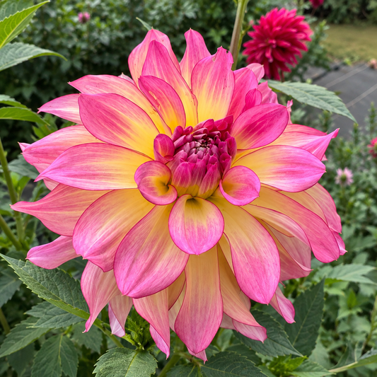 AC Twisp pink yellow light blend informal decorative dahlia bloom