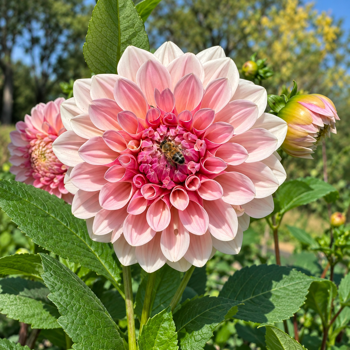 Florelie Antique pink and cream dahlia bloom with a bee in the garden