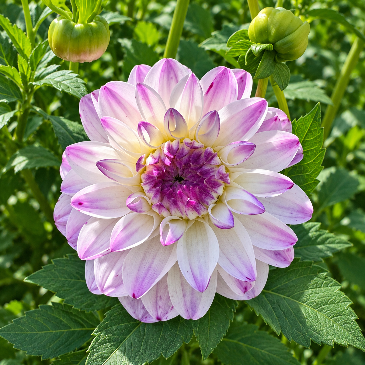Hapet Rosa Munde dahlia grown at Peep & Petal, white petals with lilac pink markings