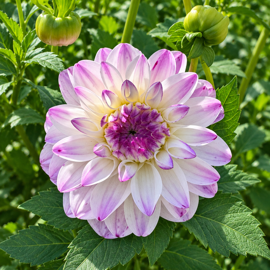 Hapet Rosa Munde dahlia grown at Peep & Petal, white petals with lilac pink markings