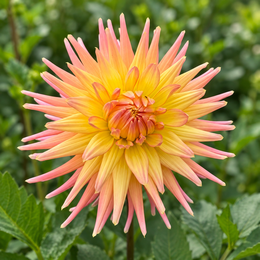 Hollyhill Peachy Keen dahlia with yellow and peach-pink pointed petals, grown at Peep & Petal