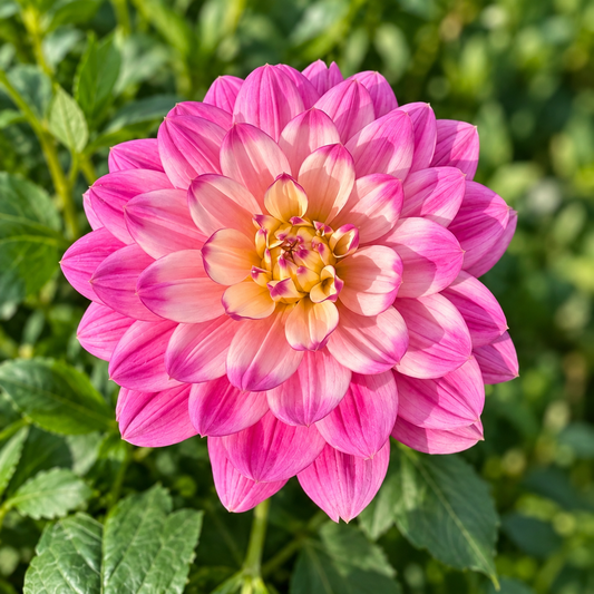 Hollyhill Pink Martini dahlia with pink petals fading to a cream and golden center, grown at Peep & Petal