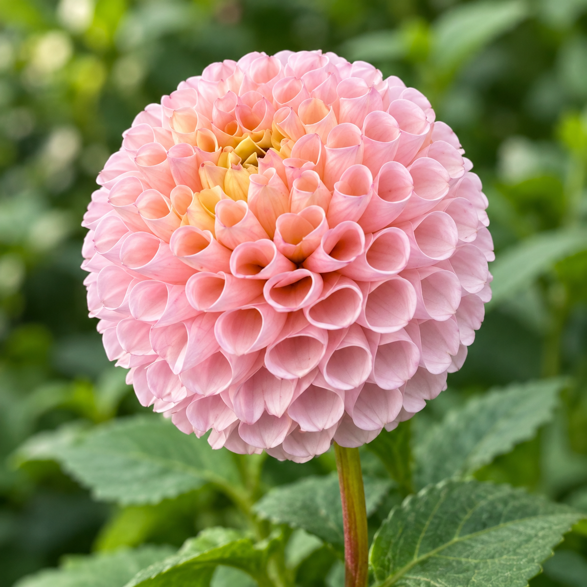 Irish D. Porter blush-pink pompon dahlia with a buttery yellow center, grown at Peep & Petal