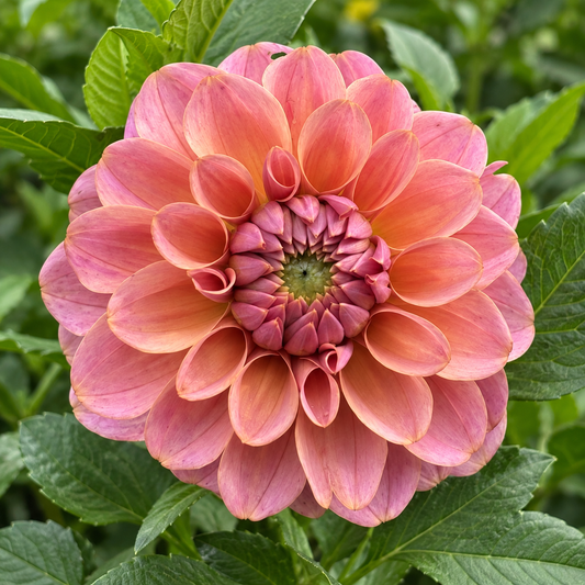Levi's Caramel peach pink decorative dahlia bloom at Peep & Petal