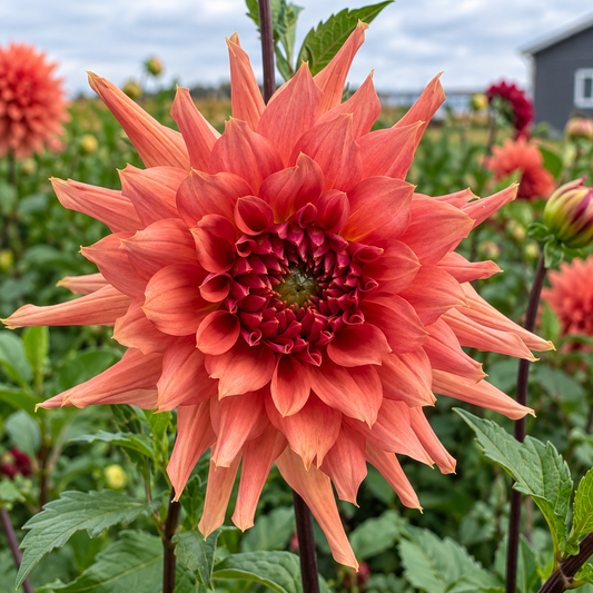 Terracotta semi-cactus dahlia bloom